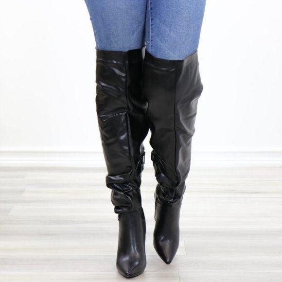 Black Synthetic Leather Thigh High Trendy Boots - Picture 14 of 16
